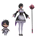 Game Anime Character In Maid Outfit Normal Size And Chibi Version With Magic Staff