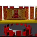 Traditional Chinese Stage Design With Red Gold Decor And Carved Screens