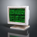 Vintage Computer Monitor With Green Code Screen And White Frame On Dark Background