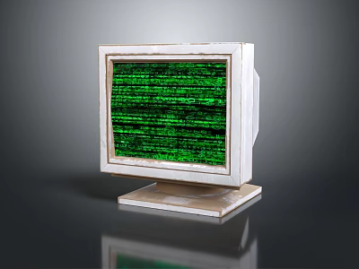 Vintage Computer Monitor With Green Code Screen And White Frame On Dark Background 3d model