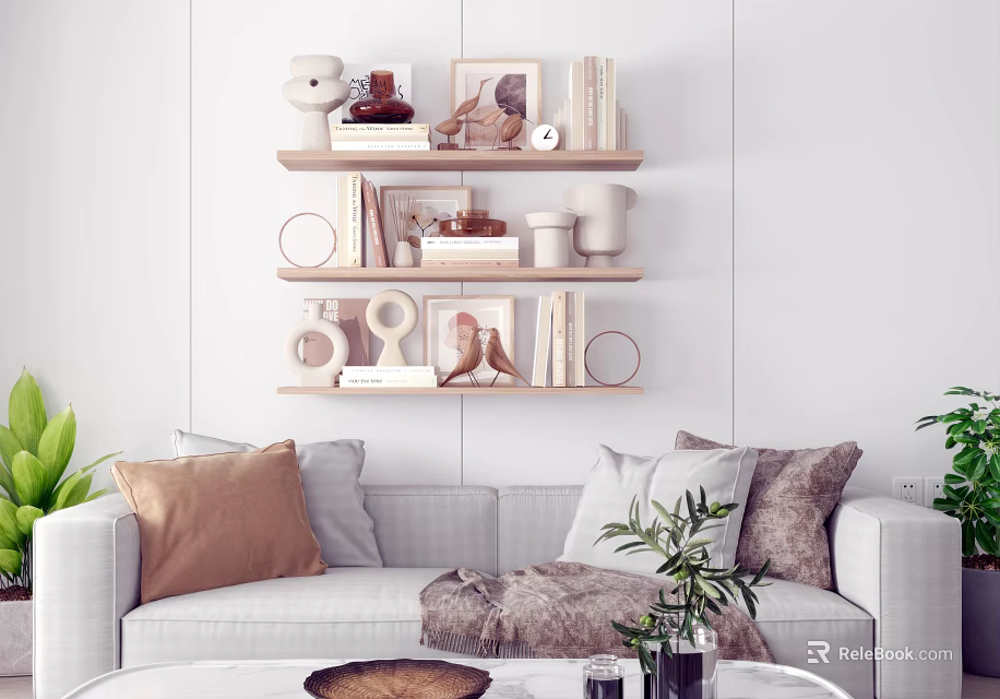 Modern Living Room Wall Shelves Decorative Ornaments Set with Photo Frames Sculptures Books and Vases 3d model 
