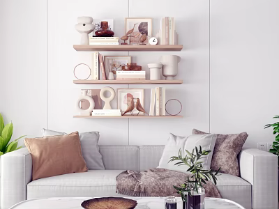 Modern Living Room Wall Shelves Decorative Ornaments Set with Photo Frames Sculptures Books and Vases 3d model