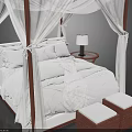 Elegant Four Poster Double Bed With White Canopy Nightstands Table Lamps And Storage Stools