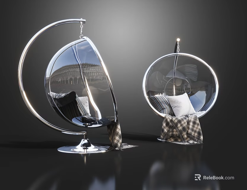 Modern Transparent Hanging Chairs With Metal Frame Circular Base And Plaid Pillow 3d model 