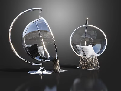 Modern Transparent Hanging Chairs With Metal Frame Circular Base And Plaid Pillow 3d model