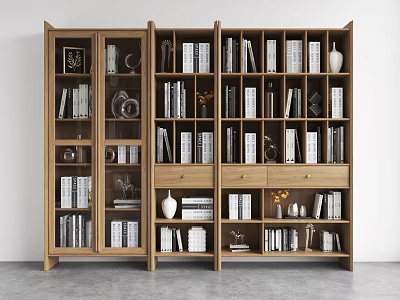Modern Wooden Bookcase with Spacious Compartments Displaying Books Decorations Vases and Camera 3d model