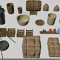 Rustic Storage Scene Components Including Wooden Barrels Sacks Crates Buckets And Clay Pots