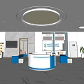 Modern Service Hall Interior With Reception Desk Blue Seating And Marble Floor