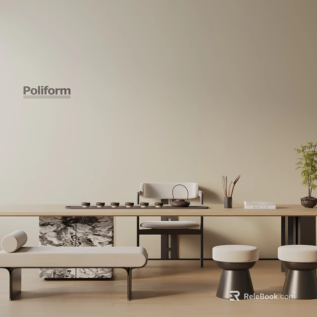 Minimalist Tea Room Interior With Tea Table Tea Set Chair Round Stools And Green Plant 3d model 