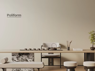 Minimalist Tea Room Interior With Tea Table Tea Set Chair Round Stools And Green Plant 3d model