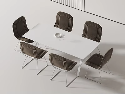 Modern Dining Table Set With White Rectangular Top Brown Upholstered Chairs And Metal Legs 3d model