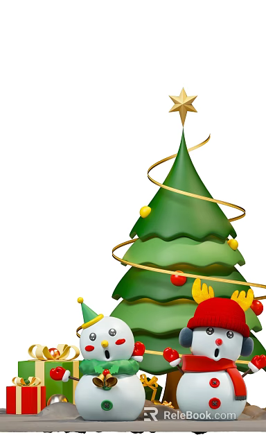 Festive Green Christmas Tree Decorated With Gold Spiral Ornaments Red Hat And Yellow Antlers 3d model 