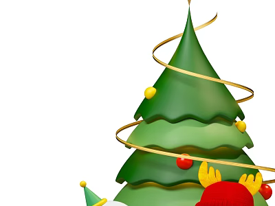 Festive Green Christmas Tree Decorated With Gold Spiral Ornaments Red Hat And Yellow Antlers 3d model