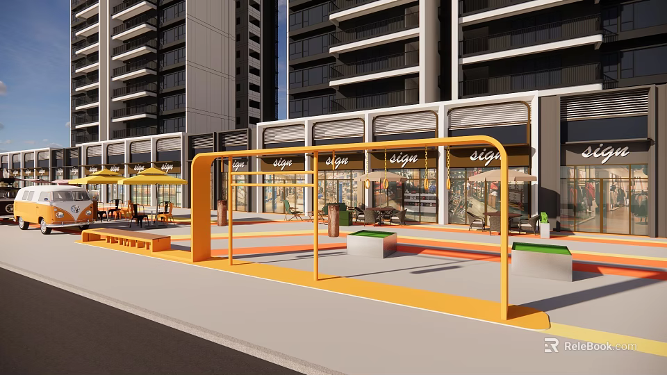 Modern Commercial Landscape With Yellow Canopies Benches Green Plants And High Rise Apartments 3d model 