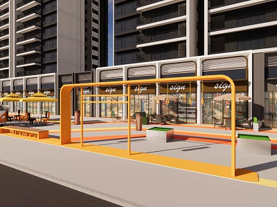 Modern Commercial Landscape With Yellow Canopies Benches Green Plants And High Rise Apartments 3d model