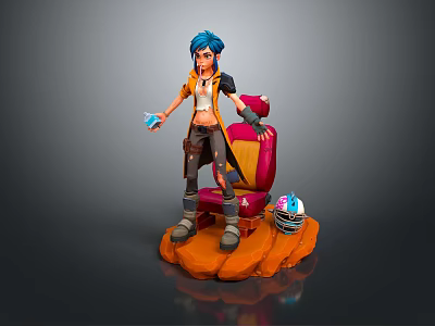 Blue Haired Character In Orange Top With Small Creatures On Red Chair Orange Platform 3d model