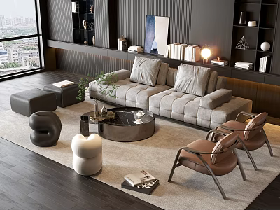 Elegant Gray Sofa and Round Coffee Table Set with Armchairs Rug Plant and Decorative Books 3d model