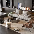 Elegant Gray Sofa and Round Coffee Table Set with Armchairs Rug Plant and Decorative Books