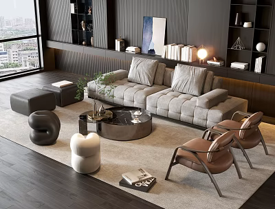 Elegant Gray Sofa and Round Coffee Table Set with Armchairs Rug Plant and Decorative Books 3d model