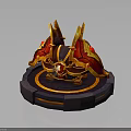 Ornate Mythical Weapon With Red And Gold Fiery Wing Decorations On Purple Orange Circular Platform
