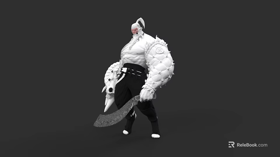 Game Movie Character In White Outfit Black Pants With Muscular Build And Large Scythe 3d model 