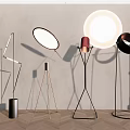 Modern Floor Lamps With Various Geometric Stands And Illuminated Shades On Minimalist Background