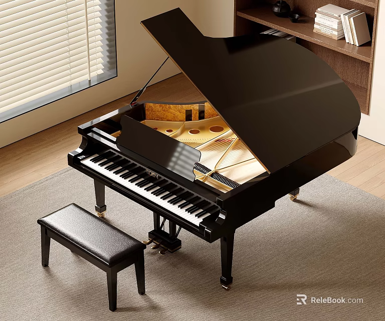 Black Grand Piano With Matching Bench In Room With Window And Bookshelf 3d model 