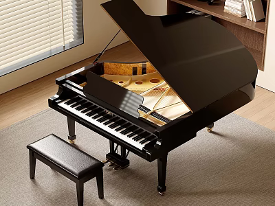 Black Grand Piano With Matching Bench In Room With Window And Bookshelf 3d model