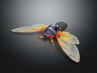 Macro View Of A Cicada With Black Body Red Eyes Transparent Yellow Wings 3d model