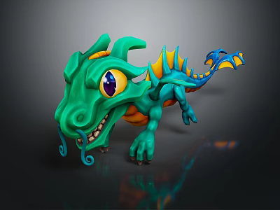 Cartoon Green Dragon Character 3D Model With Big Eyes Blue Yellow Accents For Game Movie 3d model
