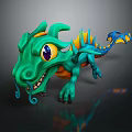 Cartoon Green Dragon Character 3D Model With Big Eyes Blue Yellow Accents For Game Movie