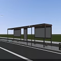 Modern Bus Stop with Shelter Benches Billboards Lamp Trash Bins Under Blue Sky Green Grass