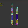 Space and Aerospace Rocket Models with Blue and Orange Bodies in Different Heights