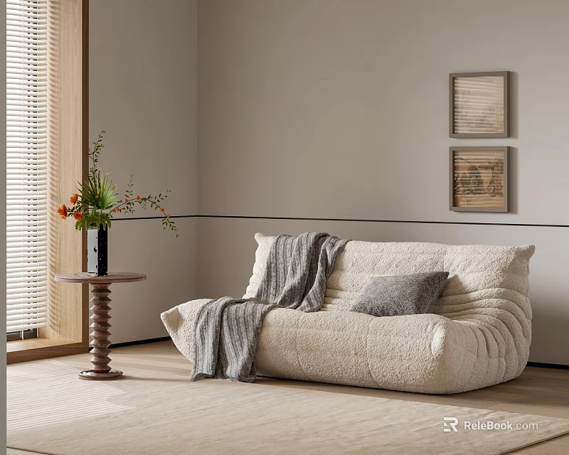 Modern Beige Double Sofa With Gray Throw And Cushion By Side Table With Flowers 3d model 