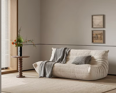 Modern Beige Double Sofa With Gray Throw And Cushion By Side Table With Flowers 3d model