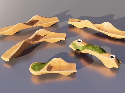 Modern Curved Wooden Public Chair Design With Wave Shaped Structure And Greenery Details 3d model
