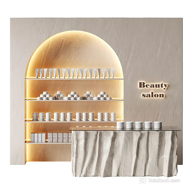 Beauty Salon Display Shelves With Arched Design Warm Lighting And Neatly Arranged Products 3d model 