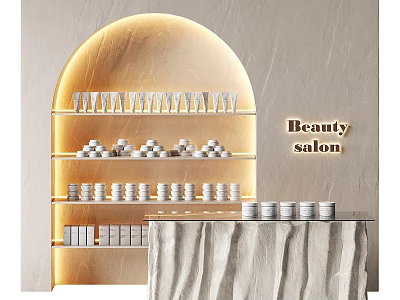 Beauty Salon Display Shelves With Arched Design Warm Lighting And Neatly Arranged Products 3d model
