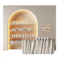 Beauty Salon Display Shelves With Arched Design Warm Lighting And Neatly Arranged Products