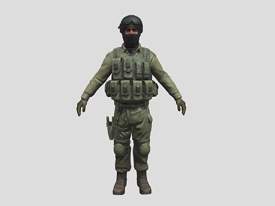Man In Green Military Uniform With Black Helmet Face Mask Tactical Vest Knee Pads Boots 3d model