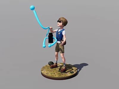 Child Boy Wearing Sunglasses Blue Vest Holding Blue Toy Long Stick On Grass Stone Base 3d model