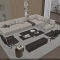 Modern Light Beige Fabric L Shaped Sofa With Dark Coffee Table Accent Chairs And Ottoman
