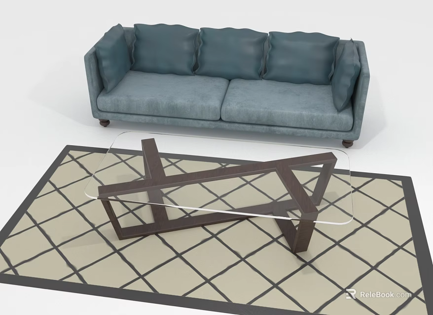 People Relaxing in Living Room With Gray Sofa Glass Coffee Table and Geometric Rug 3d model 