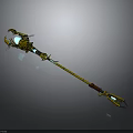 Golden Magical Staff Weapon With Blue Glowing Elements Red Handle And Intricate Details