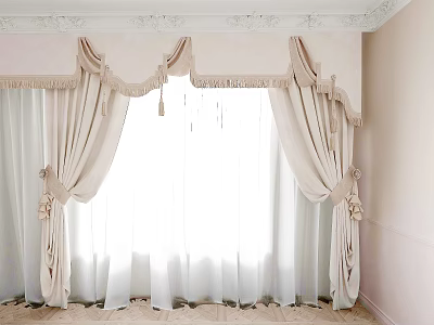 Elegant Beige Curtains With Ruffles And Tassel Tiebacks For Living Room Interior 3d model