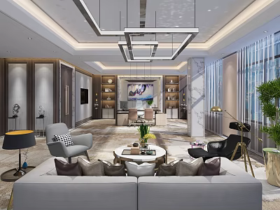 Modern Office Interior Design With Sofa Armchairs Coffee Table Chandelier Bookshelves And Plants 3d model