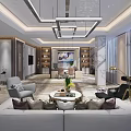 Modern Office Interior Design With Sofa Armchairs Coffee Table Chandelier Bookshelves And Plants
