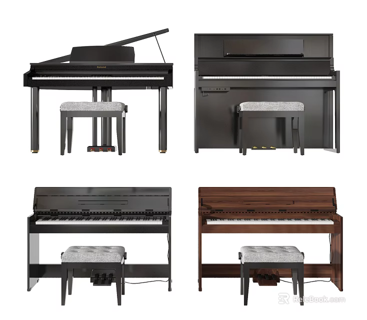 Different Types of Grand Upright Pianos in Black Brown with Matching Stools 3d model 