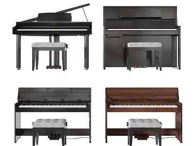 Different Types of Grand Upright Pianos in Black Brown with Matching Stools 3d model