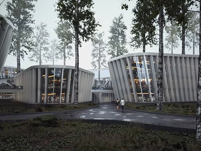Modern Industrial Factory with Glass Curtain Wall and Metal Structure Surrounded by Trees 3d model